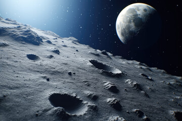Marvel at the beauty of the moon and Earth, with the moon's craters depicted in the deep black expanse of space. Generative Ai, Ai.