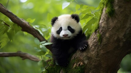 Obraz premium a panda bear sitting on a tree branch in a forest. generative ai