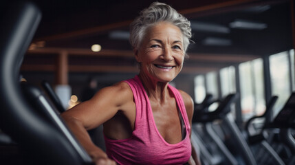 Sporty mature woman on treadmill in gym at fitness club.