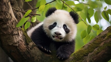 Obraz premium a panda bear sitting in a tree looking at the camera. generative ai