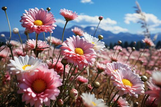 Fototapeta Meadow with lots of white and pink spring daisy flowers and yellow dandelions in a sunny day, representing the beauty and vibrancy of nature. Generative Ai.