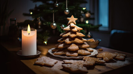 Christmas cookies on the festive table against the background of a Christmas tree with a burning candle. generate ai