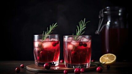 Cold season drink  cranberry and rosemary cocktail with ice on dark background