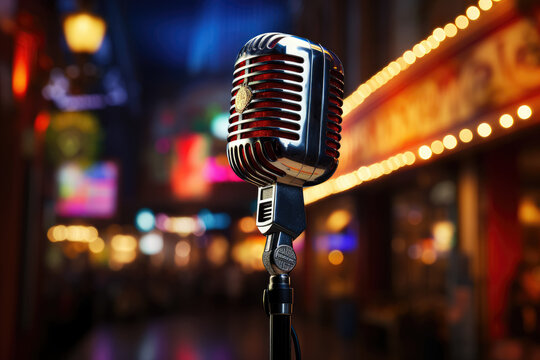 Close-up image of a microphone on a stage, representing karaoke, music concerts, and performance venues. Generative Ai.
