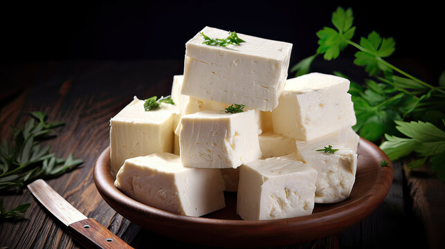 Traditional indian cheese paneer (prepared from fresh milk) on kitchen table	
