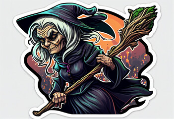 Sticker of an evil, old witch with a broom on a white background. AI Generated