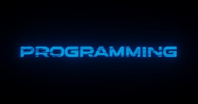 3d rendered animation of a PROGRAMMING neon blue sign on a black background