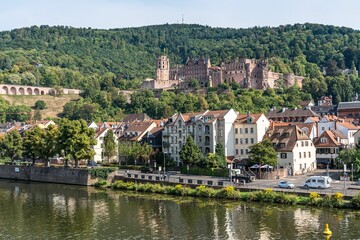 Fototapeta na wymiar Stunning view of the Heidelberg Palace situated atop a lush green hill. Germany.