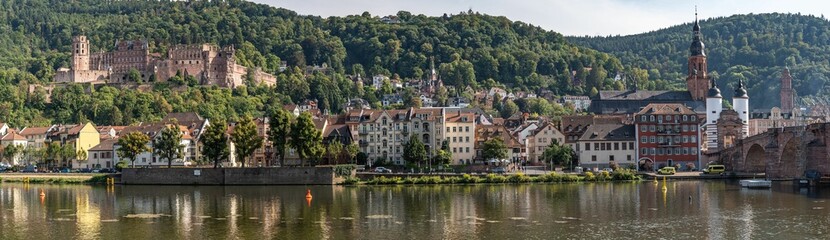 Scenic panoramic shot of the Heidelberg Palace and the city skyline. Germany.