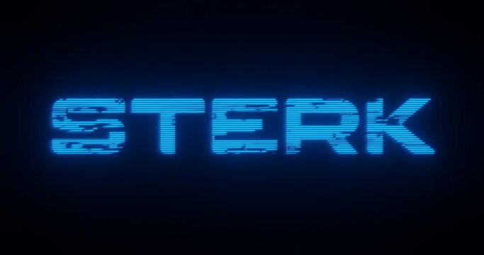 3d rendered animation of a STERK neon blue sign on a black background