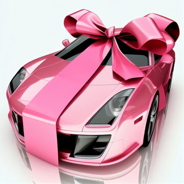 Beautiful pink car wrapped with gift ribbon on a white background. AI Generated