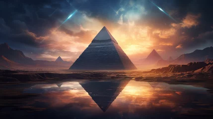 Foto op Canvas Futuristic abstract night neon background based on Pyramids of Egypt at Giza. Light pyramid in the center. Night view of the pyramid. © Olga