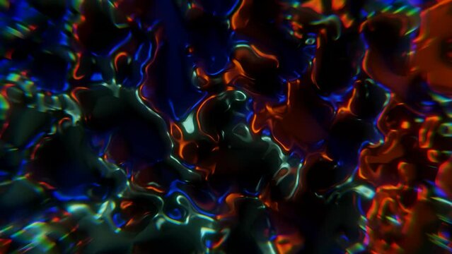 Chaotically moving surface of a metallic liquid with colored highlights on an abstract background, mercury or molten metal 3D animation