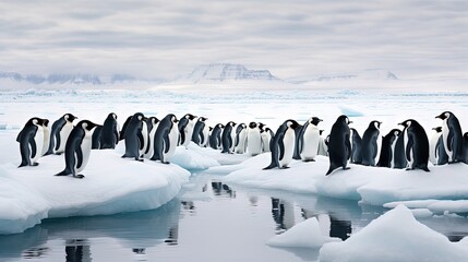  a group of penguins standing on icebergs in the water.  generative ai