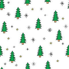 Cute seamless pattern of Christmas tree with snowflakes and stars in doodle style. Great for design, greeting card, decoration, wrapping, textile. Hand drawn. Vector illustration. Isolated on white