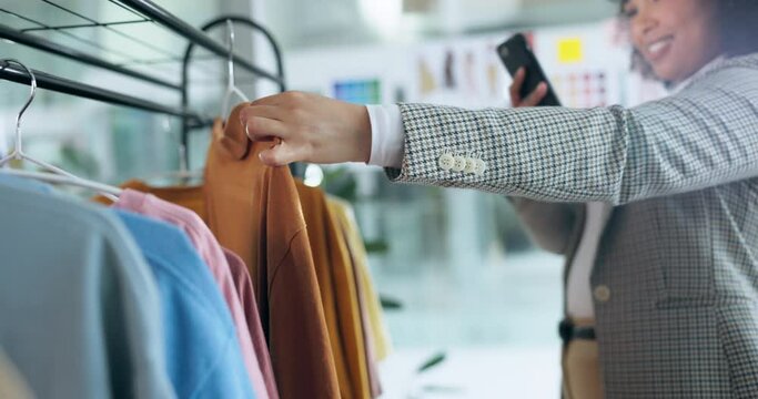 Woman, phone and photo with shopping, clothes and scan for price, sales and discount with quality check in store. Designer, smartphone and photography for blog, social media app or fabric in boutique