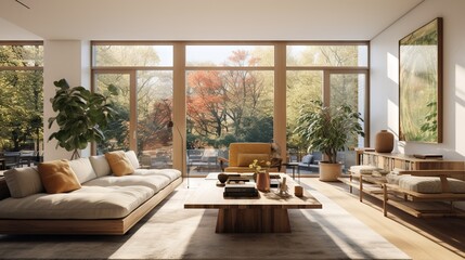Fototapeta na wymiar a living room filled with furniture and a large glass window. generative ai