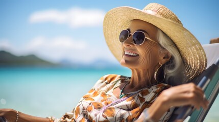 Fototapeta premium Tranquil Retreat: Elderly Woman Enjoys the Beauty of Her Retirement Vacation