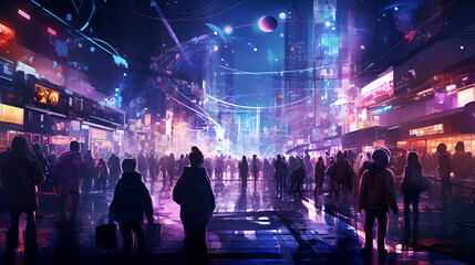 Integration of AI and human interaction, set in a bustling cityscape. Vibrant neon lights illuminate the streets, showcasing a diverse array of people engaged in dynamic conversations .