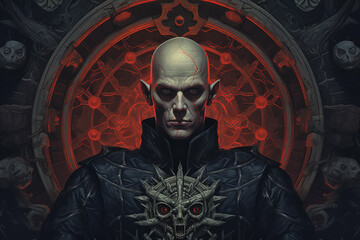 Portrait of a fantasy villain, bald scary man sitting with occult round symbol behind him - obrazy, fototapety, plakaty