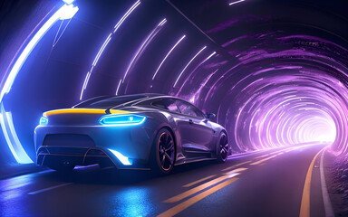 A sports car in the tunnel with neon lighting