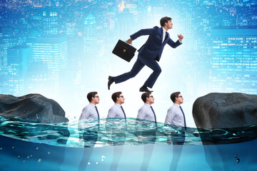 Inequal competition concept with businessman walking on heads