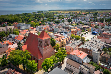 Architecture of the market square of Puck  town at summer, Poland
