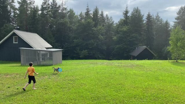 Boy and dog are playing frisbee in the fresh air under the rain. Child in casual clothes throws a frisbee disk and his pet catches it