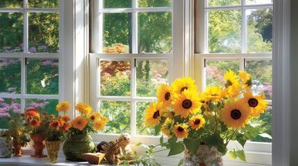  sunflowers and other flowers in vases on a window sill.  generative ai