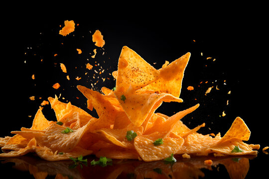Corn Mexican nachos isolated on black background.