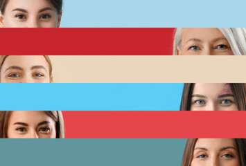 Collage of female eyes on color background. Banner for design