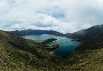 Scenic view of the mountain lake Azores from the top of a mountain