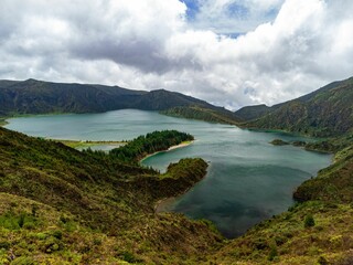 Fototapeta na wymiar Scenic view of the mountain lake Azores from the top of a mountain