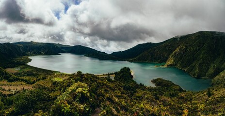 Scenic view of the mountain lake Azores from the top of a mountain