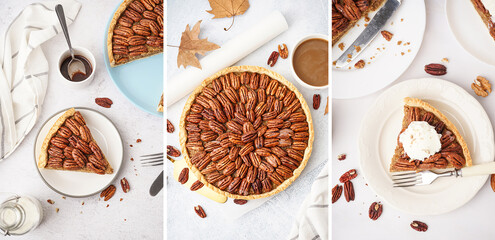 Collage of tasty pecan pie on light background