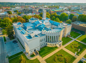 Aerial drone view of National M. K. Ciurlionis Art and Vytautas Magnus War museums building in...