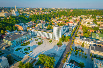 Kaunas city center, Unity square, one of the newest and most modern squares in Europe. Aerial drone...