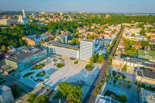 Kaunas city center, Unity square, one of the newest and most modern squares in Europe. Aerial drone view