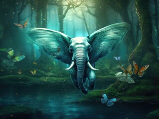 Flying elephant with wings soars through the forest.