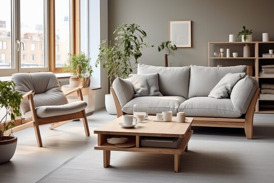 Interior of modern living room with grey sofa and wooden coffee table