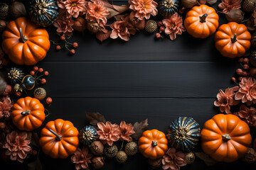 Naklejka na ściany i meble Halloween pumpkins on wooden table high angle view copy space for text. Halloween background concept. Autumnal background