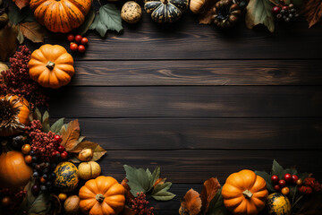 Halloween pumpkins on wooden table high angle view copy space for text. Halloween background concept. Autumnal background