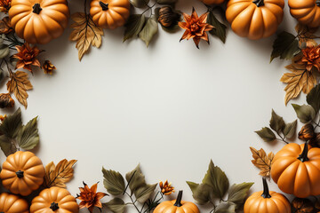 Halloween background concept. Autumn leaves and Halloween pumpkins on white background high angle view. Autumn concept frame.