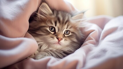  a fluffy kitten is peeking out from under the covers of a blanket.  generative ai