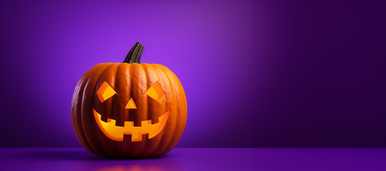 Halloween background. Halloween pumpkin jack o lantern isolated on purple background. Copy space for text
