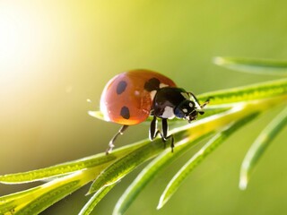 Vibrant red ladybug on a green leaf illuminated by bright sunlight.