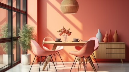 Interior of modern living room with orange walls, tiled floor, round table with pink armchairs and vases. 