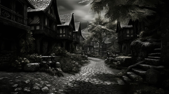 Old village, spooky villages, Halloween background, Dark Foggy Gothic Village, Illustration, fantasy scenery, Generative AI