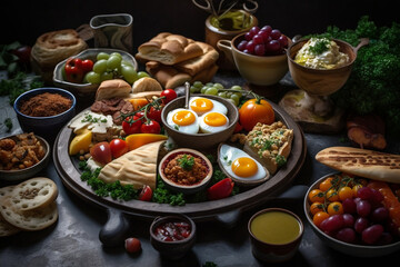 Fototapeta na wymiar a closeup of a Middle Eastern breakfast, AI generated, Generative AI, AI Art, illustration,
