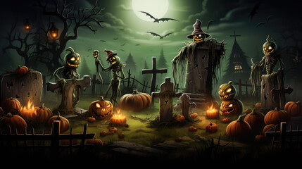Halloween Spooky Nighttime Scene, Halloween background concept, Full moon, creepy, Scary, Generative AI